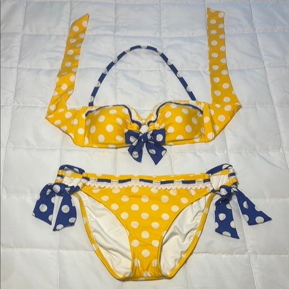 Betsy Johnson RARE Yellow Polka Dot Bikini with Blue Bow - Picture 1 of 16
